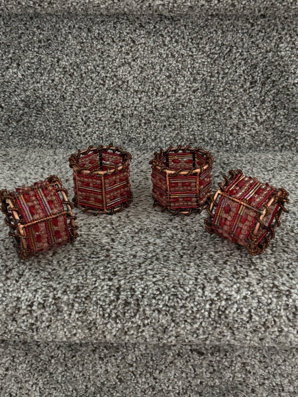 Pier 1 Imports 4 Napkin Rings Moroccan Beaded Red Rust Copper Boho New In Box